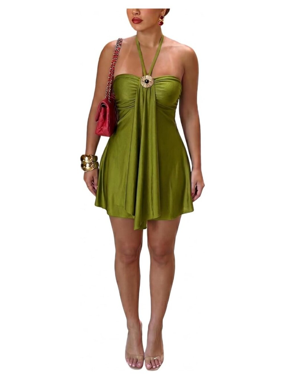 Women's Satin Halter Backless Mini Dress Flowy A-Line Club Party Dress